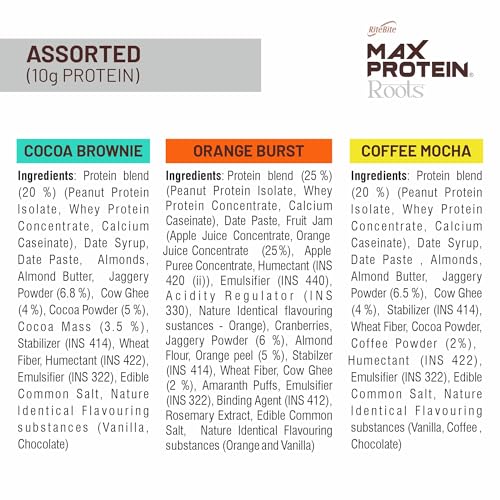 Image of RiteBite Max Protein Roots Assorted 10g Protein Bars (Pack of 6) | Made with Ghee & Jaggery | 4g Fiber | No Palm Oil | (270g)