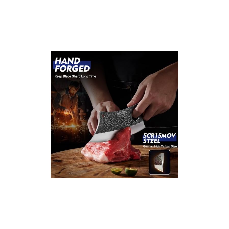 Topfeel 3PCS Butcher Knife Set, Hand Forged Serbian Chef Knife & Meat Cleaver Knife & Viking Knives, Meat Cutting Kitchen Knife Set for Home, Outdoor Cooking, Camping BBQ Gift Idea Men