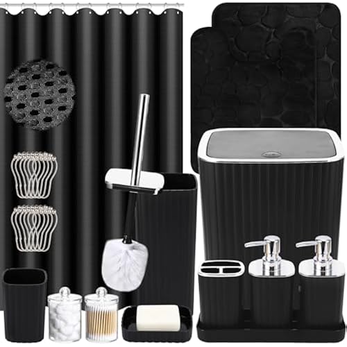 XLHOMO Black Bathroom Set, Bathroom Set with Shower Curtain and Rugs