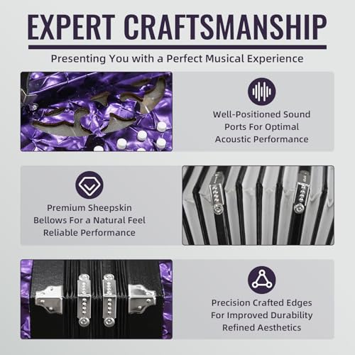 Concertinas,20 Buttons Accordion For Adults Professional Accordion for Beginners, Adjustable Hand Strap, Musical Instrument Accessories With Carrying Bag, Harmonica,Wipe Cloth (purple)