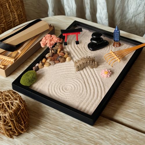 Zen Garden Kit 11x8in. Beautiful Japanese Decor Mini Rock Feature Gift Set for Home, Office Desk. Zen Sand Garden, 6 Tools, 15 Accessories. Sand Tray Therapy Desktop Meditation Room
