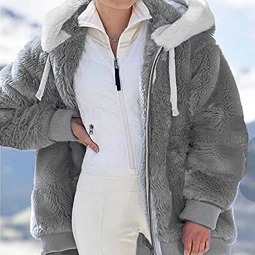 Fuzzy Fleece Jackets for Women - Winter Warm Hooded Color Block Sherpa Coats Long Sleeve Shearling Fluffy Outerwear2