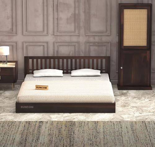 Image of SUNCOM Wooden Low Height Queen Size Bed Without Storage - Wooden Platform Double Bed - Space Saving Low Floor /Lying /Rise /Level /Profile Cot Bed for Bedroom - Basic Headboard (Walnut Finish)