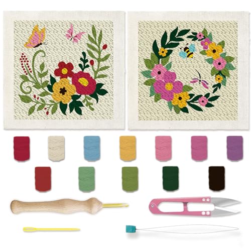 Image of BEUNITONE 2 Sets Flower Punch Needle Kits Butterfly Beginner Punch Embroidery Kits with Frame Embroidery Starter Kits Punch Stitching Kit with Instruction for Wall Hanging Painting 9.4'' x 9.4''