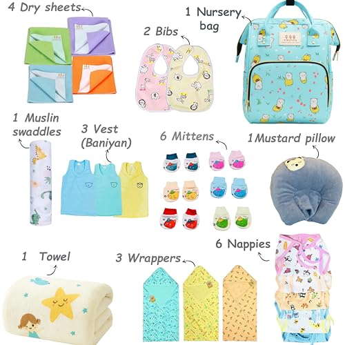 Image of Infantbond Baby All Season Use Hospital Essential Combo for New Born | Gift Pack | Baby Products | Maternity Essentials | Bedding Set (60 Items)(0-6 Months) (Green Star)