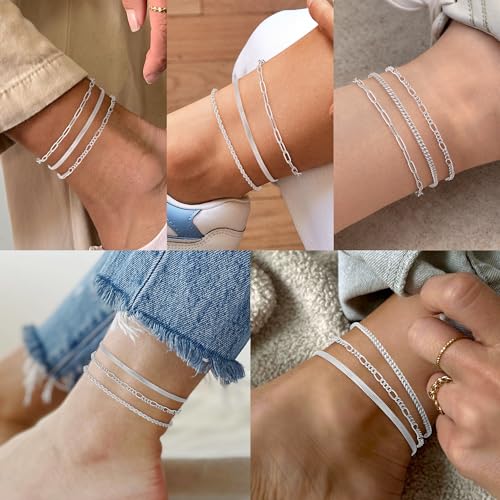 Image of AOZEL Gold /Silver Plated Anklet Bracelets for Women Waterproof Plus Size Cuban Link Chain Ankle Bracelet for Large Ankle 9-12inch