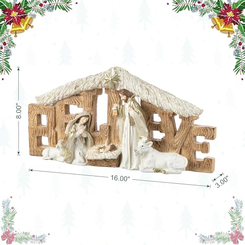 Image of Glitzhome Holy Family Nativity Scene Set Indoor 8 inch H, Gold Ivory Believe Manger Nativity Set for Christmas Decorations, Christian Religious Nativity Sets & Figures Xmas Home Mantel Fireplace
