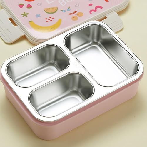 Image of Stainless Steel Lunch Box | 3-Compartment Bento Box, Leak-Proof, BPA-Free, Eco-Friendly Meal Prep Container for Adults, Kids, School, Work, & Travel | Durable & Portable Tiffin Box (Pink)