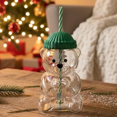 Yanmis Taza con Pajita de Oso, Linda Taza de Vidrio con Tapa y Pajita de 20 Oz, Vidrio de Borosilicato a Prueba de Calor para café, Leche, té, Jugo, Uso en la Oficina en el Hogar