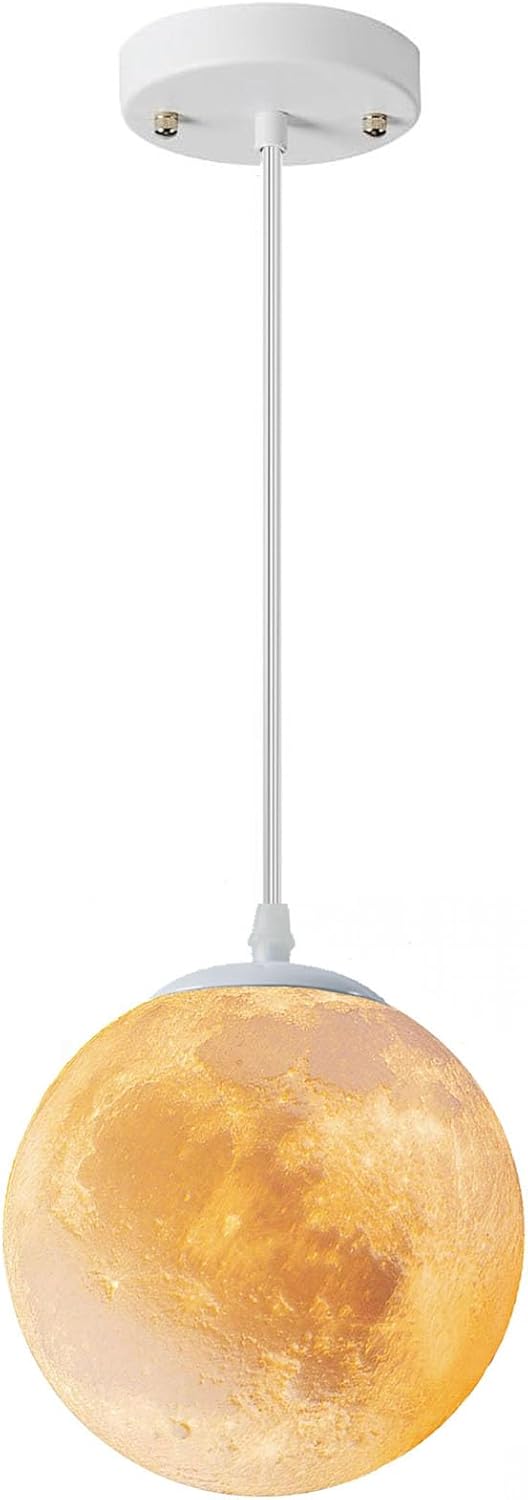 Moon Pendant Light, 3D Printed Lunar Hanging Light Fixture with Bulb, 7 Inch Hardwired Globe Ceiling Lamp, Space Gifts for Kids Room Nursery Bedroom Decor