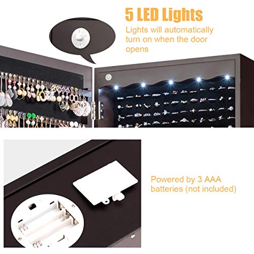 CHARMAID 5 LEDs Mirror Jewelry Armoire Wall Mounted Door Hanging, Lockable Jewelry Cabinet with 47.5\"H Full Length Mirror, 6 Storage Drawers, Large Capacity Jewelry Organizer Box with Drawers (Brown) - Thumbnail 4