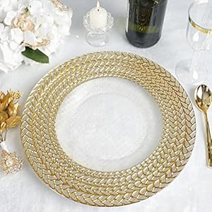 Efavormart 8 Pack | 13″ Luxurious Silver/Gold Braided Rim Glass Charger Plates | Clear, Round