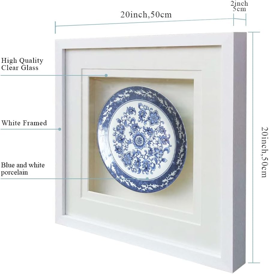 ARTECORS 20×20inch blue and white porcelain wall art with White Framed Front Glass,chinoiserie decor for living room or Study room etc. (Pattern D)