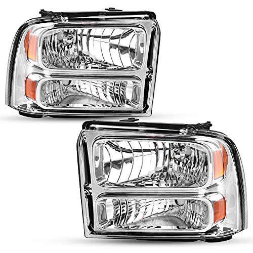 AUTOSAVER88 Headlight Assembly Compatible with 05 06 07 Ford F250 F350 F450 F550 Super Duty/05 Ford Excursion Headlight Assembly OE Projector Headlamp Chrome Housing Clear Lens