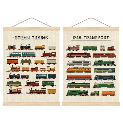 HKTZM Steam Trains Wooden Poster Hanger Frame 12.517 Inch Vintage Train Locomotives Rail Transport Hanging Wall Poster For Toddler Boy Room Playroom Nursery Set Of 2