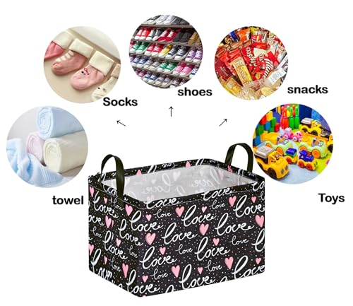 Image of Rectangle Gift Storage Basket Home Shelf Storage Basket Organizer Box Clothes Laundry Hamper Nursery Basket Laundry Basket with Handles (Black Love)