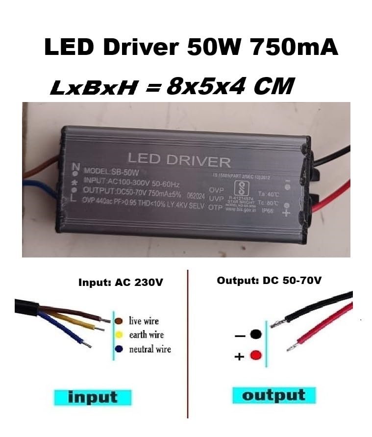 Image of 3 Quantity 50Watts, 750mA, LED Flood Light Driver, Input: AC 100V-300V, Output: DC 50V-70V, IP-65 Waterproof, BIS Approved (Pack of 3)