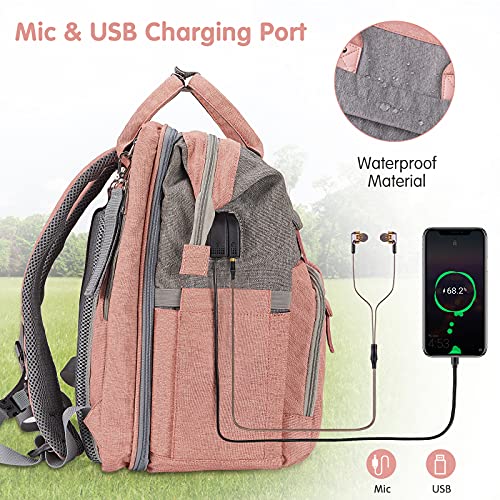 Image of DERJUNSTAR Diaper Bag Backpack - Large Capacity Baby Diaper Bag with Changing Pad for Dad and Mom, Waterproof Travel Backpack, Multi-Function Bag with USB Charging Port, Rose Pink