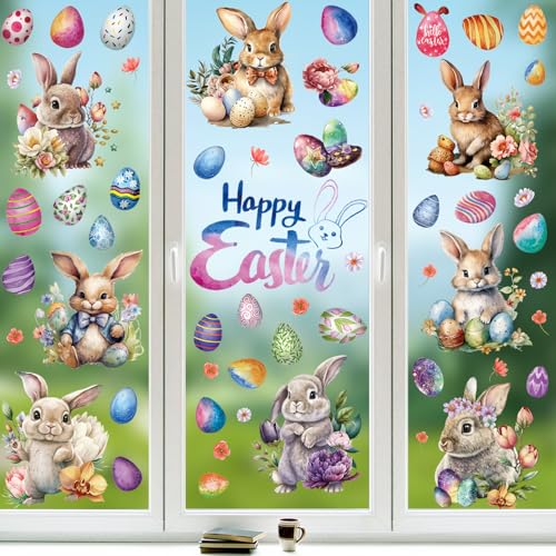 YIHELU Fensterbilder Ostern frühlingsdeko, 56 Pcs fensterbilder frühling, osterdeko fenster Wiederverwendbar Selbstklebend, Fensterdeko mit Ostereier Hasen Küken (Osterdeko-CC)