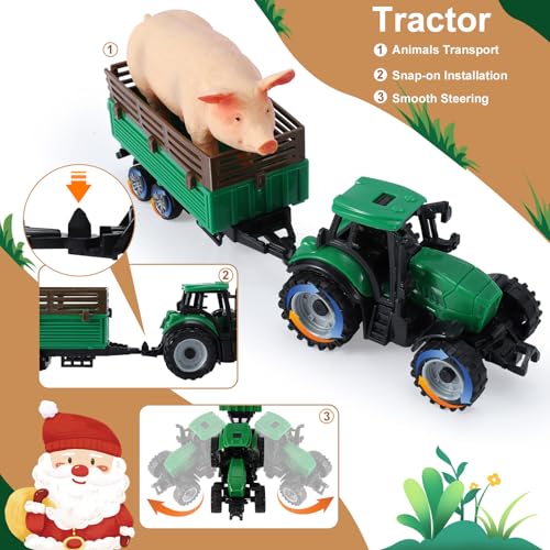 BUYGER Bauernhof Tiere Figuren Spielzeug ab 3 Jahre mit Scheune, Traktor Anhänger e Zäune, Realistische Tierfiguren Set, Lernspielzeug Geschenke für Mädchen Jungen ab 3 Jahre