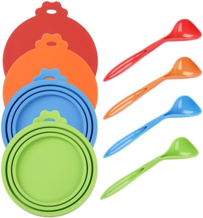 Pet Food Can Covers,4 Pack Silicone Universal Size Food Can Lids with 4 Spoons,1 Fit 3 Standard Size 3oz,5.5oz and 12oz Dog & Cat Food Can Lid Cover