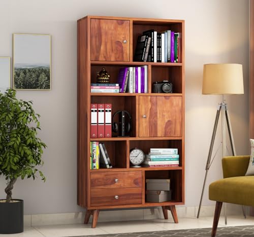 Image of Sheesham Wood Bookcase | Solid Wood Book Shelf for Home Library | Wooden Book Cabinet for Home & Office Living Room (Large, BBslf-Honey11)