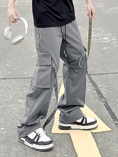 OYOANGLE Men's Camo Print Drawstring Waist Straight Wide Leg Flap Pocket Cargo Pants Trousers3