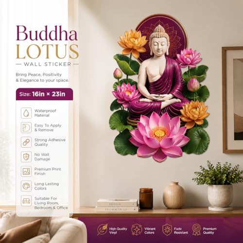 Image of Rangoli Buddha Lotus Wall Sticker Self-Adhesive 16 x 23 Inch Waterproof Wall Decor for Living Room Bedroom Office Meditation Lotus Buddha Wall Decal