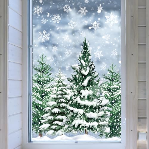 JarThenaAMCS Christmas Window Clings Xmas Tree Snowflake Window Stickers Double-Side Snowy Forest Glass Decals for Winter Home Party, 7.9 x 11.8 Inch, 9 Sheets