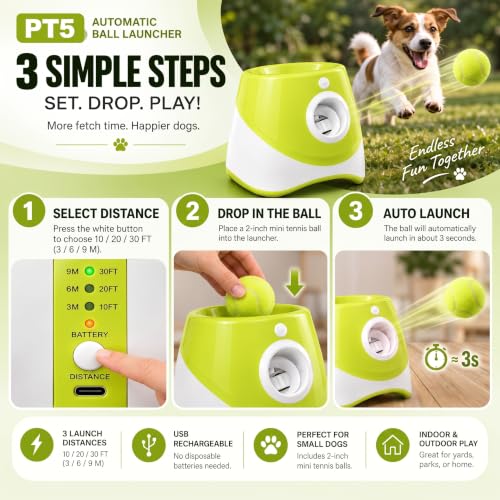 PT5 Automatic Dog Ball Launcher for Small Dogs, 6 × 2-Inch Mini Tennis Balls, Rechargeable Fetch Machine with 3 Launch Distances - Image 5