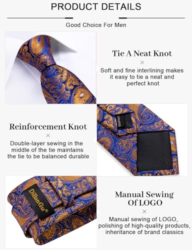 Image of DiBanGu Paisley Ties for Men Silk Necktie and Pocket Square Cufflinks Tie Clip Set Woven Classic Mens Tie for Wedding Party