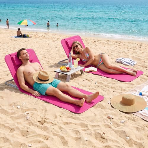 Image of GIANTEX 2 Pack Folding Beach Chairs with Side Table, Pink | Folding Lounge Chairs w /5 Position Adjustable, Patio Chaise Lounge Lightweight Backpack Camping Chairs for Outdoor Sunbathing