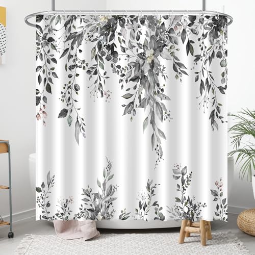 Image of Eucalyptus Shower Curtain, Abstract Aesthetic Art Watercolor Plant Leaves with Floral Bathroom Decor, Waterproof Fabric Cloth Bath Curtain Set with Hooks (Dark Gray, 72x72 Inches)