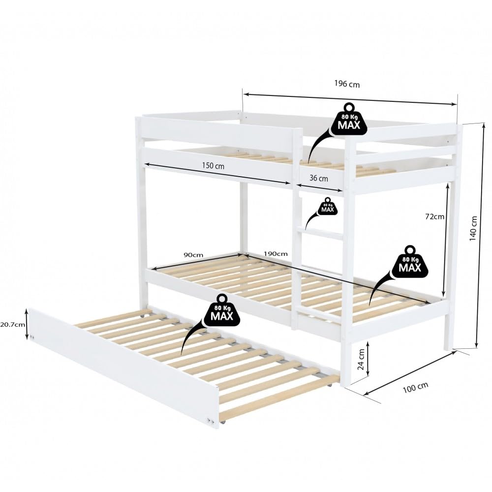 WEBER INDUSTRIES Lit Superposé Wally 90x190, Blanc | 2 Sommiers, 1 Lit Tiroir