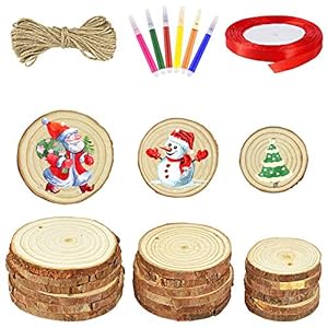 SNAGAROG 30 stuks ronde houten schijven, onbehandelde houten schijven met gat, decoratie, boomschijven voor doe-het-zelf…