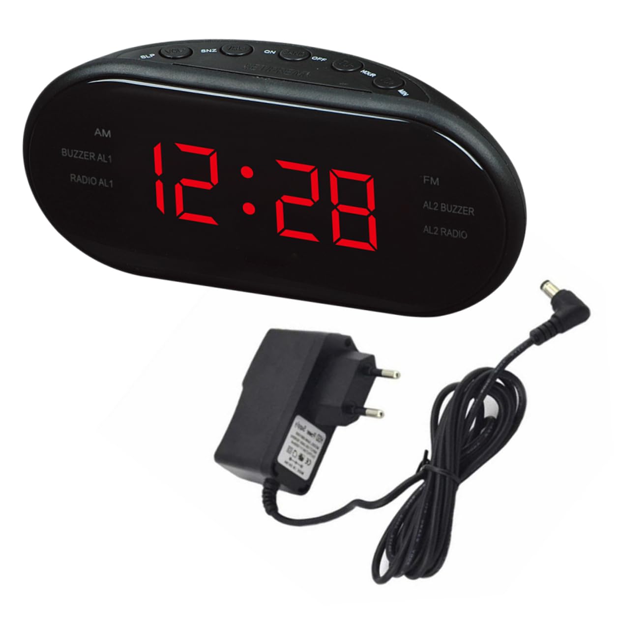 Radio Reloj Digital Despertador para Noche con Doble Alarma, Pantalla Curva Grande Roja, FM y Am, Función Repetición y Temporizador de Apagado para Dormitorio