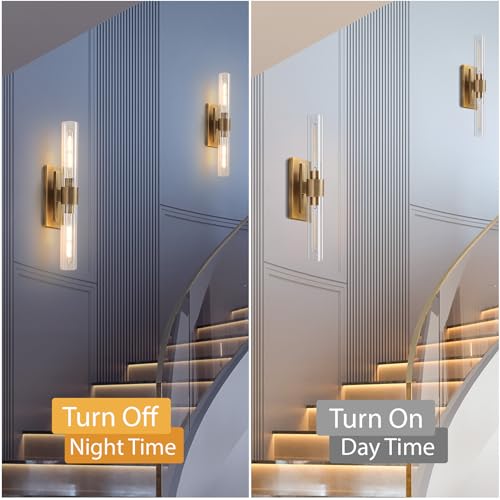 Image of YUYI Brass Wall Sconces Set of Two, 22.8'' Gold Bathroom Sconces Wall Decor with Clear Glass Shade, Indoor Vanity Wall Lights for Bathroom Living Room Bedroom Hallway Fireplace Staircase