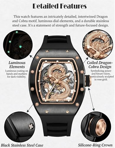 Image of ALIX AL2928 Automatic Skeleton Case with Dragon Cobra Design Dial Self-Winding Luxury Designer Wrist Watch