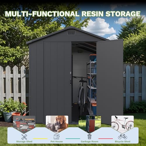 Image of Greesum 6x8FT Plastic Outdoor Storage Shed with Floor, Resin Sheds with Lockable Double Door, Tool Sheds with Window and Vents, for Backyard, Garden, Patio, Dark Gray