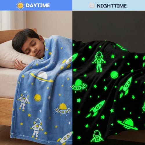 Image of Famyo Glow Blanket for Kids - Astronaut | Kids Blanket 0-15 Yrs | 200x152 cm Double Bed Blanket | Soft Flannel Blankets for Winter | Lab-Tested & Safe, (Grey) | 0-15 Yrs, 200x152 cm Queen Size Double Bed Blankets, Soft Flannel, Lab-Tested & Safe