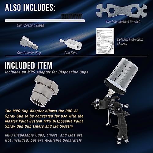Master Airbrush PRO-33-ULT Master Elite High Performance Pro-33 Series Hvlp Spray Gun Ultimate Kit - 3 Fluid Tip Sets 1.3, 1.4 & 1.8Mm And Air Pressure Regulator Gauge, Mps Cup Adapter - Automotive Basecoat thumb #3