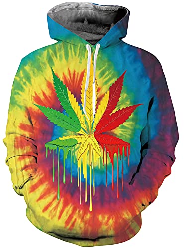 Men and Women Novelty Fleece Hoodies 90s Long Sleeve Colorful Rainbow Tie Dye Paint Neon Weed Printed Fleece Pullover Athletic Sweaters Hoodie Sweatshirt with Pockets