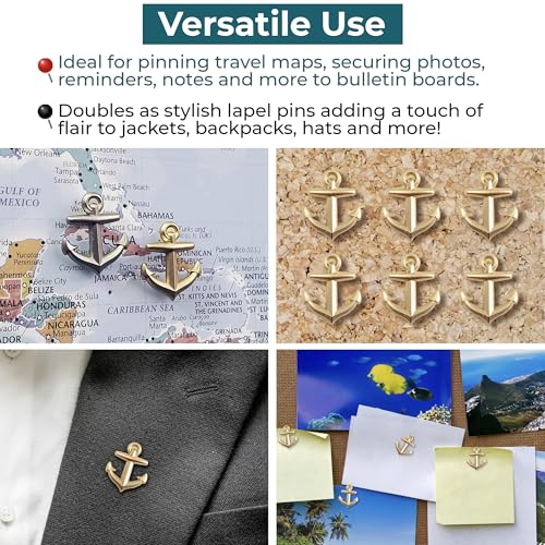 Image of Anchor Push Pins - Gold Metal Anchor Pins - for Cork Board, Maps, or Lapel Pin Use - Designed in USA - Set of 4