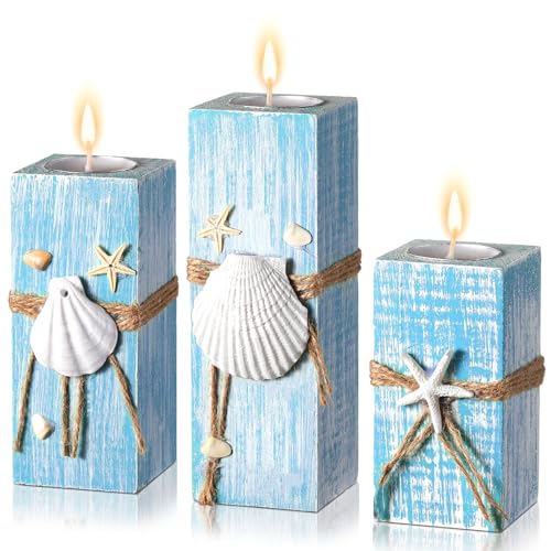Suzile 3 Pcs Summer Ocean with Candles Tealight Candle Holders Decorations Wood Table Sign Starfish Scallop Tealight Marine Life Candlesticks for Table Centerpiece Tiered Tray Decor