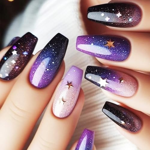 Starry Sky Acrylic Full Cover Fake Nails 24Pcs Milky Way Press on Nails Glossy Purple Gradient Medium Coffin False Nail Universe Gel Glue on Fingernails Gold Stars Stick on Nail for Holiday Manicure