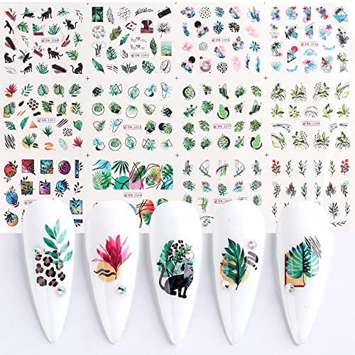 Leaf Nail Art Stickers Decals, 12 Sheets Cool Tropical Leaf Water Decals Nail Art Supplies Geometric Lines Cat Nail Sliders Spring Summer Green Laurel Leaves Nail Designs Manicure Tips Decorations #TOP6