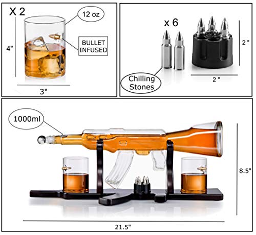 Whiskey Gun Decanter Gift Set - + 2 Whisky Bullet Glasses & Bullet Chilling Stones - Gun Shaped Rich Wood Classic Mahogany Base Tray - Liquor Scotch Bourbon -Boyfriend Husband Anniversary Retirement #TOP2