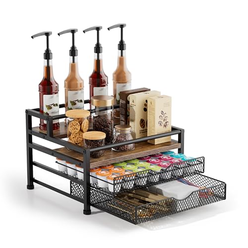 Image of 4 Tier Coffee Syrup Rack Organizer, Coffee Bar Organizer for Countertop, Coffee Station Organizer with 2 Sliding Drawers for Pods, K Cup Holder, Stirrer and Condiment, Brown