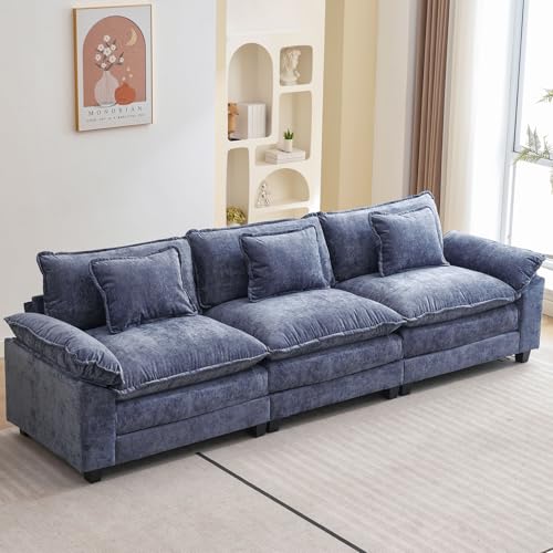 Image of Oprisen 120 inch Modular Sectional Sofa, Comfy Cloud Couch Sectional, Chenille Sofa Sleeper Deep Seat Sofa with Throw Pillows for Living Room (Blue, 120 inch- 3 Seater)