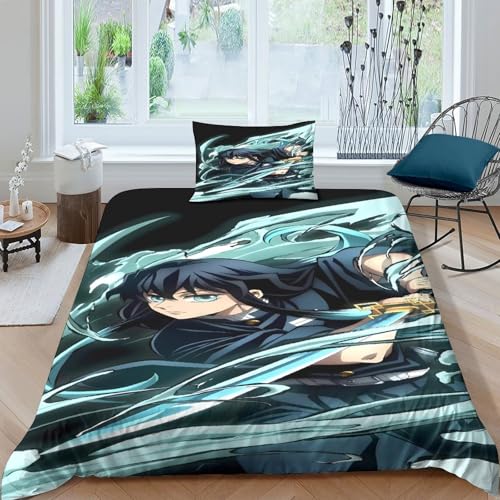 GDEKCIEAS Anime 3D Demon Slayer 2Pcs Bedding Set for Boys,Duvet Cover Microfiber with Zipper,Soft Microfiber Quilt Cover for Kids And Teens Single（135x200cm）